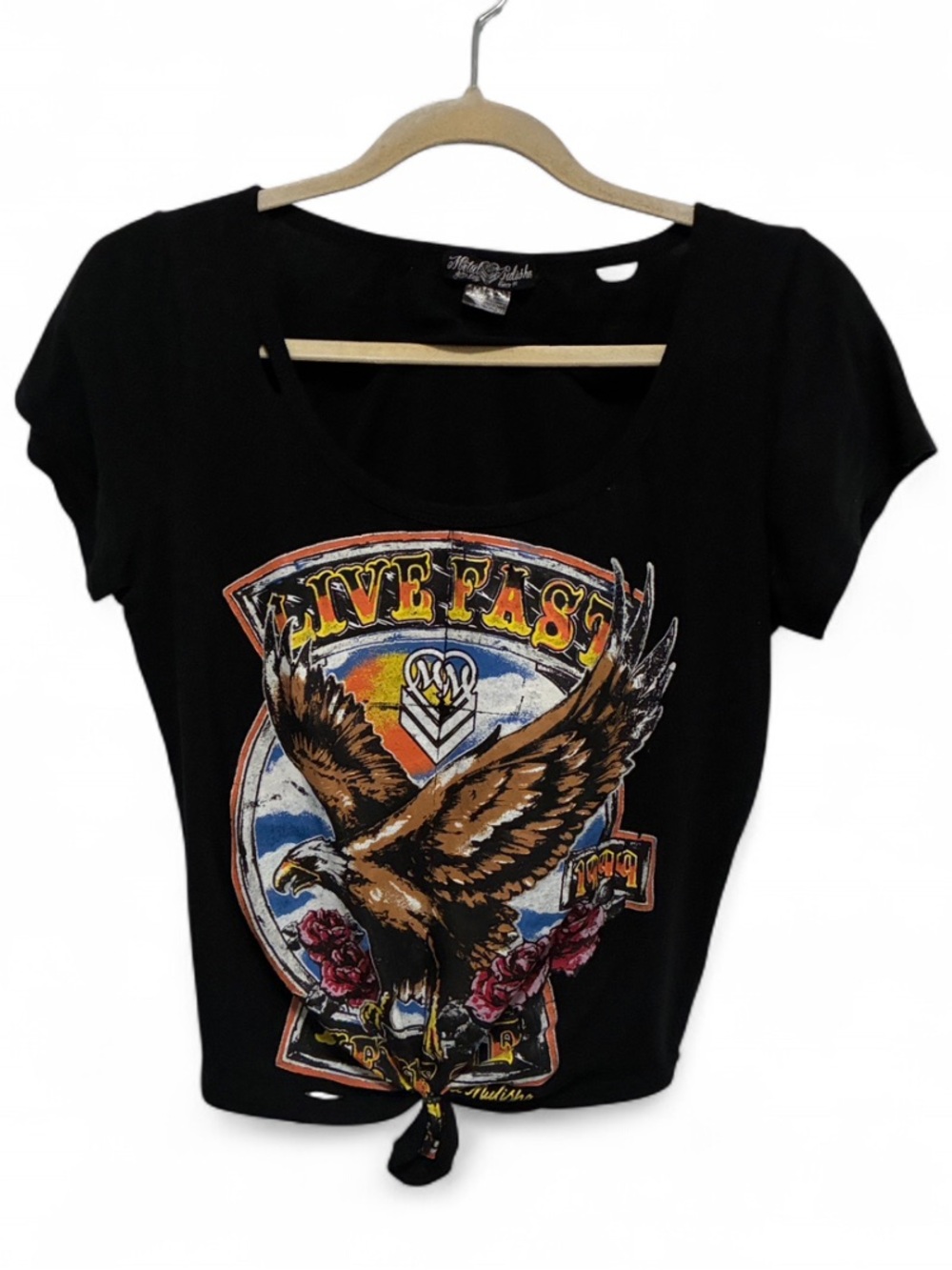 Metal Mulisha Black Eagle Graphic Tie-Front Short Sleeve Crop Top